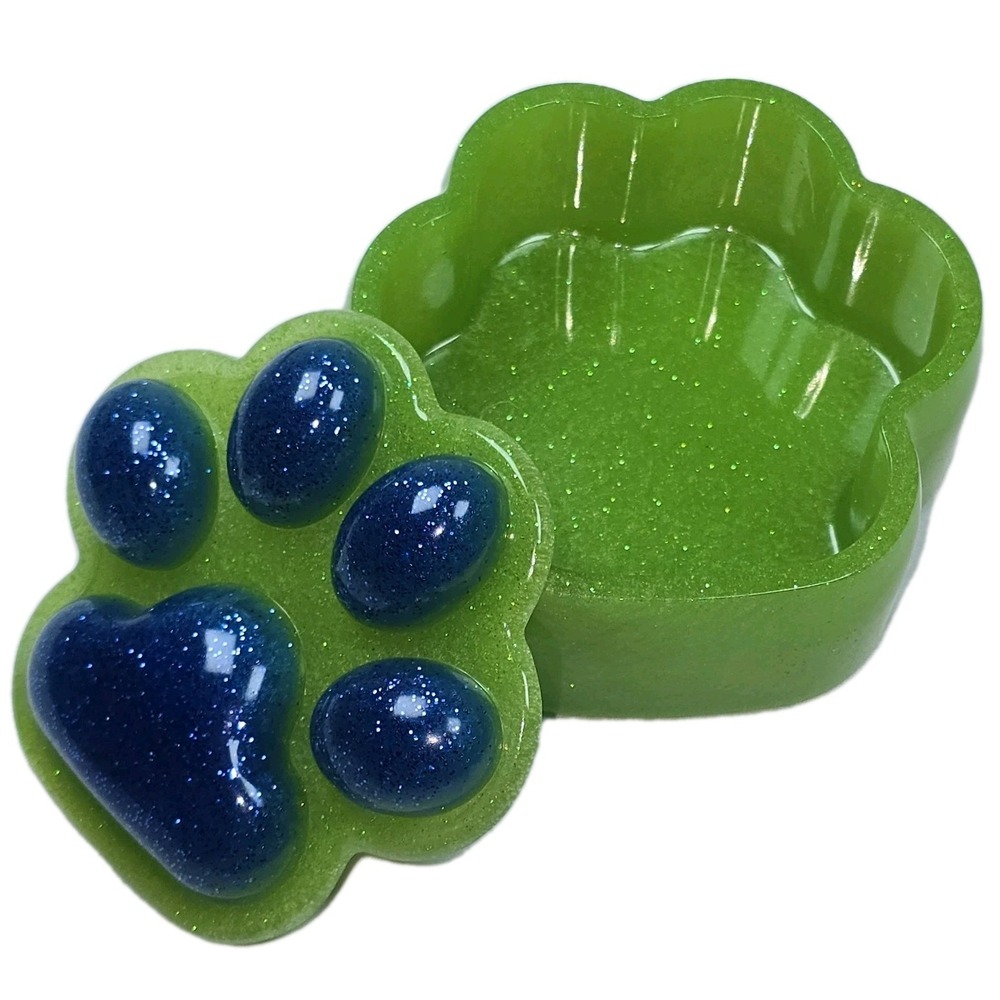 Handmade Resin Paw Print Trinket Box Green Blue Glitter Pet Memory Keepsake